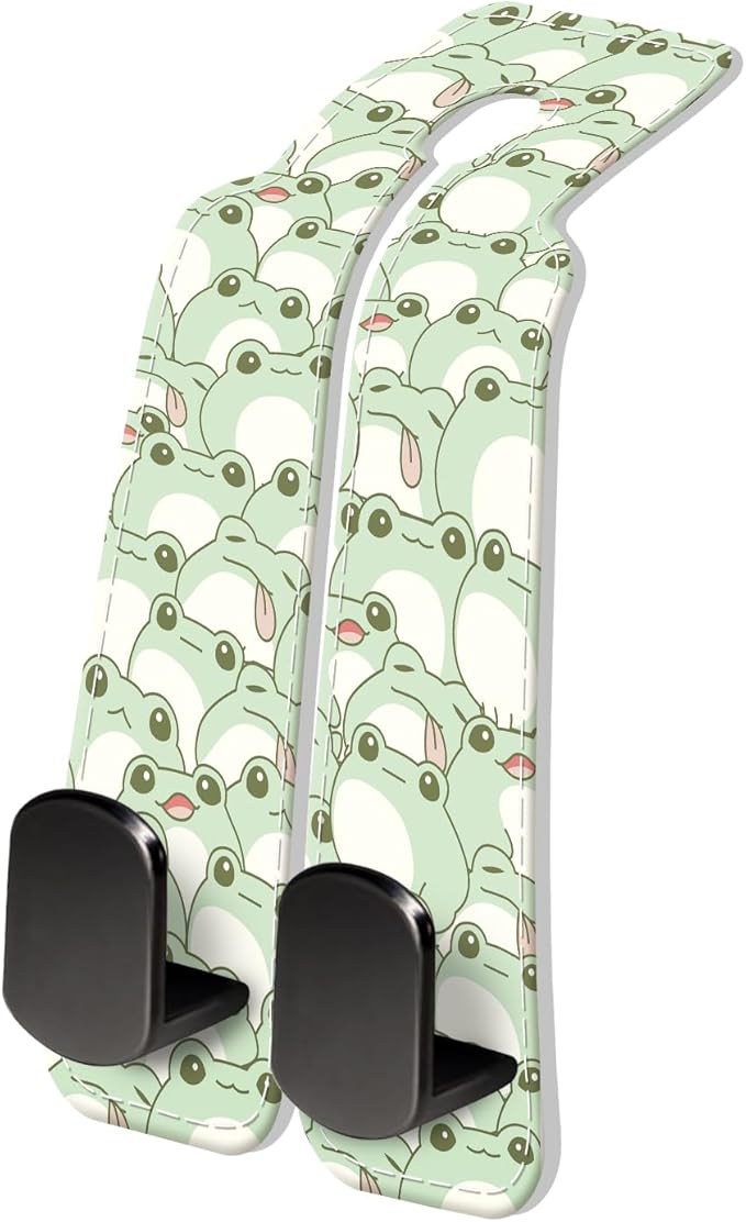 PU Leather Car Seat Hook, Storage Headrest Hanger, Cute Car Backseat Organizer, Car Hooks For Purses and Bags Green Frog Pattern