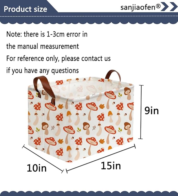 Sanjiaofeng Rectangular Kids Basket Cute Storage Bins,Mushroom Storage Basket with Handles.Clothers,Books,Kid's Gifts Bins. (Mushroom)