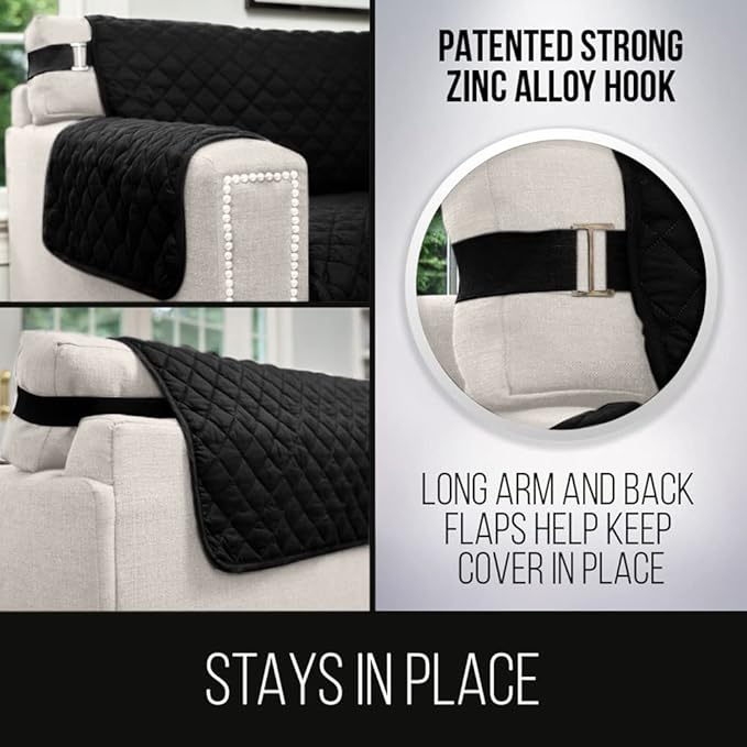 Sofa Shield Couch Armchair Covers for Dogs, Reversible Furniture Protector with Strap, Stain and Tear Resistant Cushion Cover, 48 inch Seat, Machine Washable Slipcover Pets, Cats, Black Gray