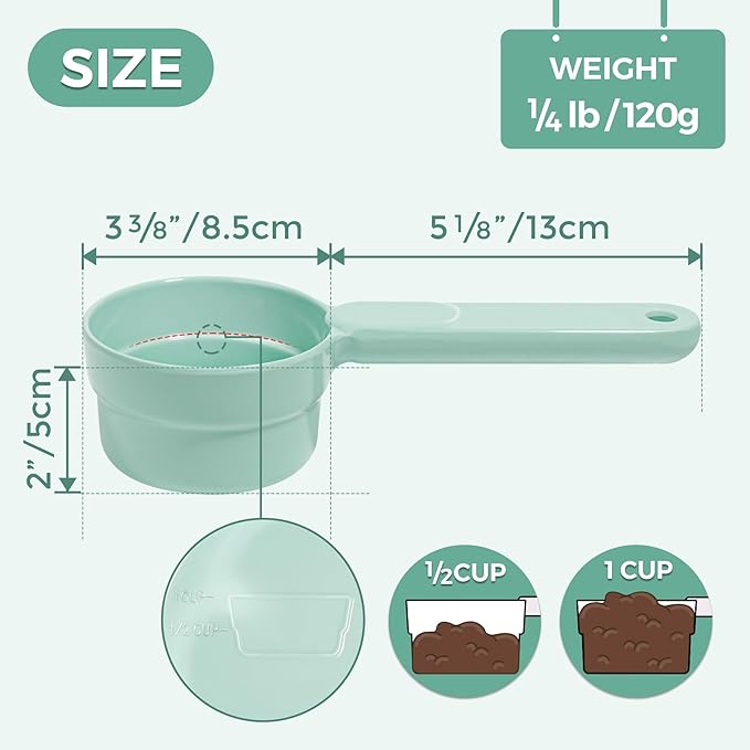 MSBC Melamine Dog Food Scoop - 1 Cup Pet Measuring Cup, Comfortable Long Handle Scoop for Dog, Cat, Ferret and Rabbit Food, Dishwasher Safe (Light Green)