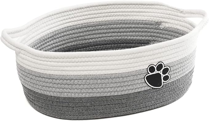 Small Woven Baskets for Organizing Rope Storage Basket with Handle Cute Cotton Basket for Nursery Gift Dog Toy Storage Bins for Toy Organizer Grey-white