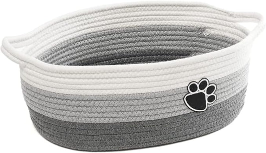 Small Woven Baskets for Organizing Rope Storage Basket with Handle Cute Cotton Basket for Nursery Gift Dog Toy Storage Bins for Toy Organizer Grey-white