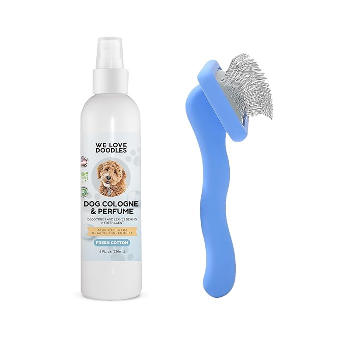 We Love Doodles Dog Cologne & Perfume (Fresh Cotton) and Small Slicker Brush Bundle - Odor Eliminator Spray and Long Pin Brush Kit - Long Lasting Deodorizer - Long Haired Brush For Dogs - Made In USA