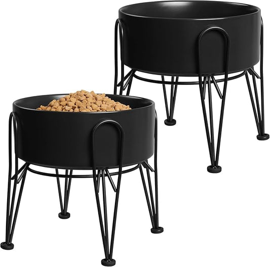 Elevated Dog Bowls, Ceramic Raised Dog Bowl Set with Anti-Slip and Non-Tip Metal Stand, 2 Pack Pet Food and Water Feeding Bowls for Small and Medium Dogs (Black,7.6 Cups)