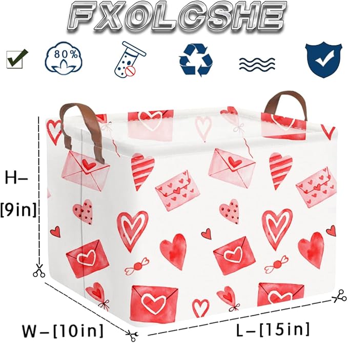 FXOCSHE Valentines basket,Pink Heart Basket,Collapsible waterproof nursery laundry basket,Pink girls gift baskets,Valentine's Day room decor(Envelope heart)