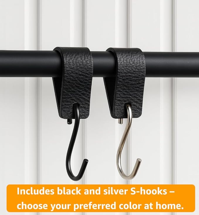 Brute Strength Multifunctional Leather S-Hooks - 24 Black S-Shaped Coat Hooks - Kitchen & Home Use