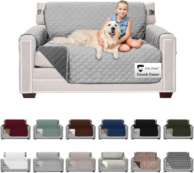 Sofa Shield Couch Loveseat Covers for Dogs, Reversible Furniture Protector with Strap, Stain and Tear Resistant Cushion Cover, 54 inch Seat, Machine Washable Slipcover Pets, Cats, Light Gray Charcoal