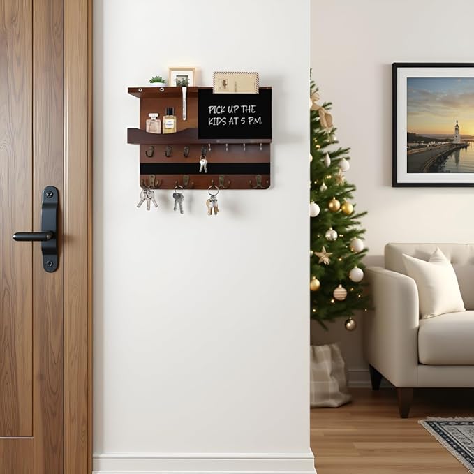 Key Holder for Wall Mount with Shelf and Mail Organizer, Key and Mail Holder with 16 Hooks, Farmhouse Entryway Organizer, Home Decor Rack(Pine Wood, Brown)