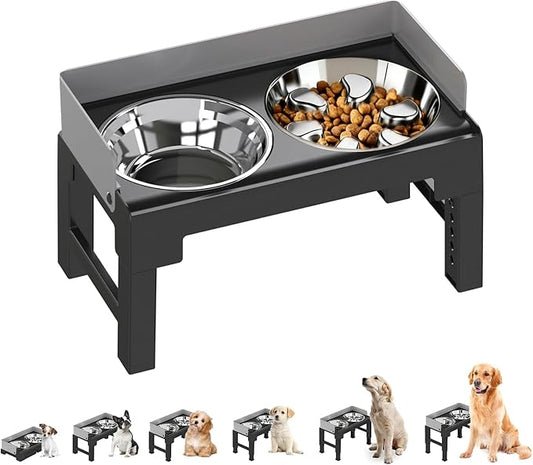 PAKEWAY Elevated Dog Bowls, Spill Proof, Tiltable Pet Feeder with 1 Stainless Steel Bowl &1 Stainless Steel Slow Feeder Bowl, 6 Height Adjustable Raised Dog Bowls Stand for Medium Large Dogs