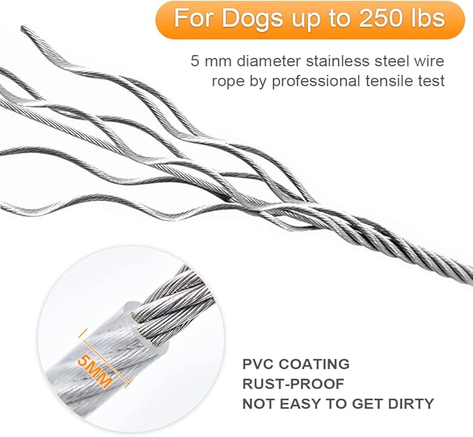 Tresbro 30FT Reflective Tie Out Cable for Dogs Up to 250 Pounds, Steel Wire Lead Leash Cable with Stainless Dual Fix Buckle, Lightweight and Enduring, Outdoor Dog Chains for Outside,Yard,Camping