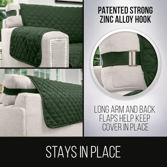 Sofa Shield Couch Slip Covers for Dogs, Reversible Furniture Protector with Strap, Stain and Tear Resistant Cushion Cover, 88 inch Seat, Machine Washable Slipcover Pets, Cats, Hunter Green Sage