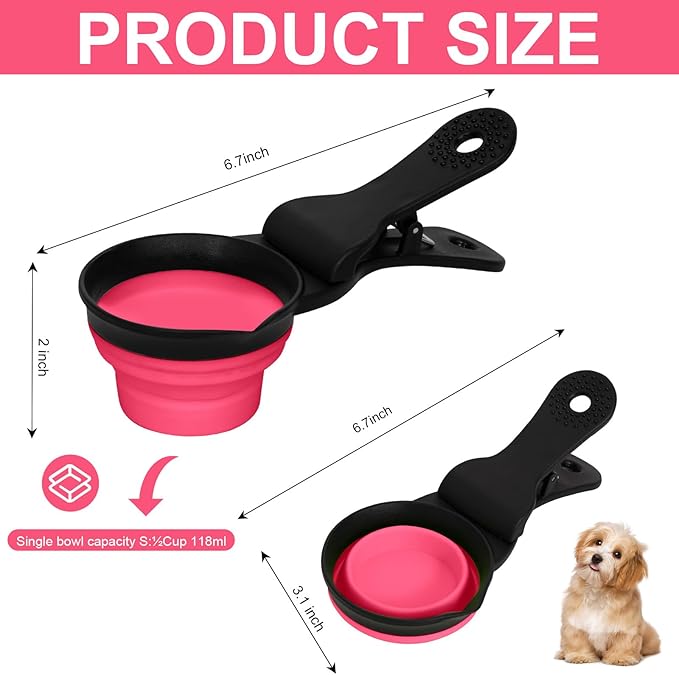 PNEUICALLY Collapsible Dog Food Scoop Foldable Pet Food Bag Clip 3 in 1 Multi-function Silicone Cat Food Measuring Cup Scoop Dog Food Scooper Pet Food Storage Clip (Rose Red, 1/2 Cup Capacity(1 Pack))