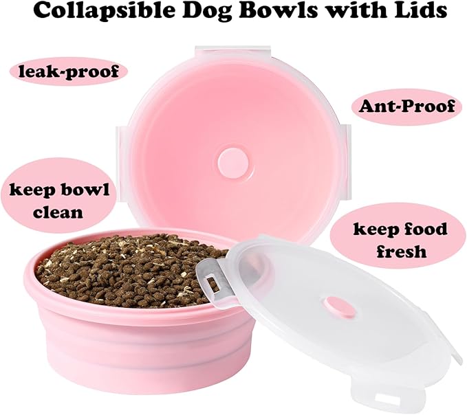 Collapsible Dog Bowls with Lids, 2 Pack Portable Travel Dog Bowls for Small Medium Large Dogs, Silicone Foldable Outdoor Dog Cat Food Water Bowls for Camping Hiking Road Trip, Pink 27 oz