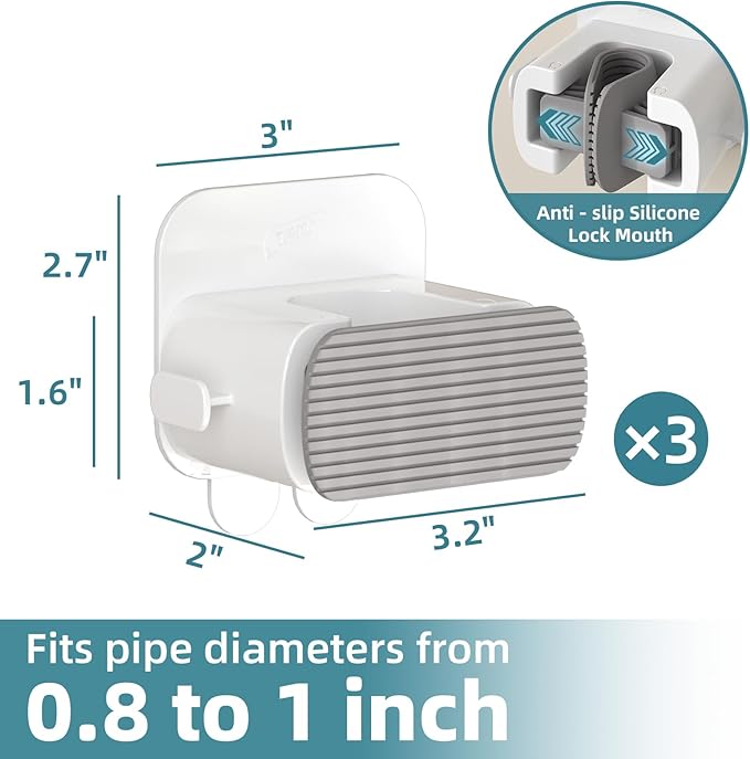 TAILI Mop and Broom Holder Wall Mount Grippers, 3 Hangers and 8 Adhesive Strips, Damage Free Hanging Wall Mount, Household Cleaning Organizer for Organization and Storage, Holds up to 4 lbs, Grey