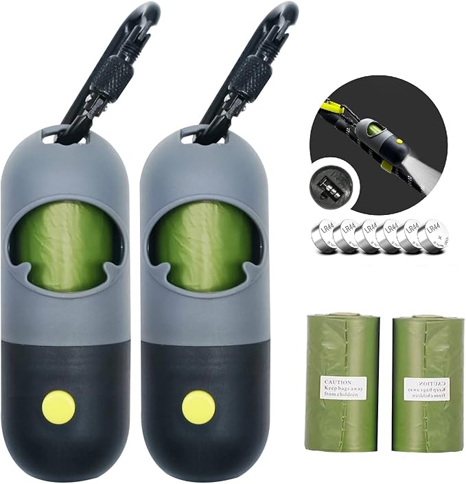 Morn Light 2 Pack Poop Bag Holder with Flashlight Waste Bag Dispenser for Leash with Clip and Battery Poop Bag Dispenser with Green Scented Poop Bags for Dog Walking(Black,2 Dispenser 60 Bags)