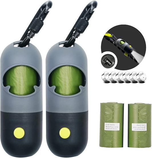 Morn Light 2 Pack Poop Bag Holder with Flashlight Waste Bag Dispenser for Leash with Clip and Battery Poop Bag Dispenser with Green Scented Poop Bags for Dog Walking(Black,2 Dispenser 60 Bags)