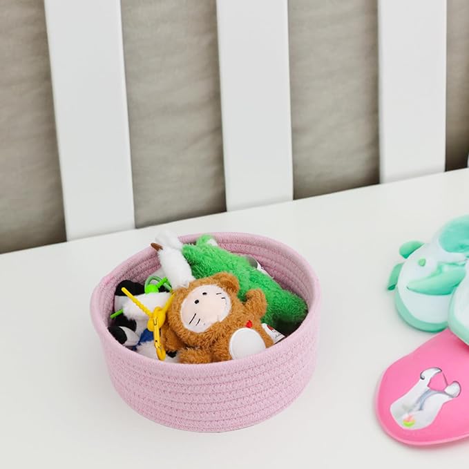 Small Storage Basket, Set of 3 Woven Baskets, Cotton Rope Small Baskets for Organizing, Cute Mini Tiny Round Basket, Bathroom Organization Bin (Pink)
