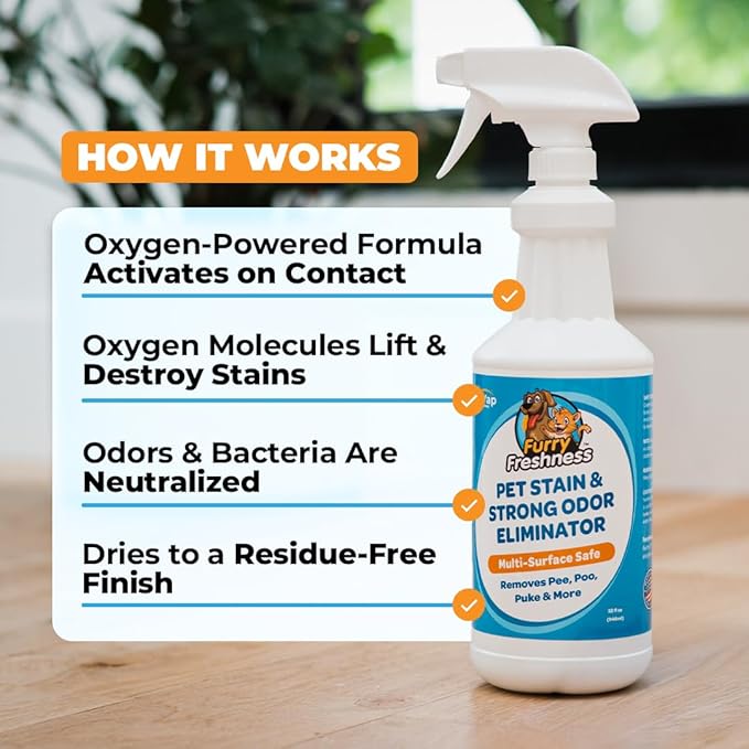 FurryFreshness Extra Strength Cat or Dog Pee Stain & Permanent Odor Remover + Smell Eliminator -Removes Stains from Pets & Kids Including Urine or Blood- Lifts Old Carpet Stains- (Gallon)