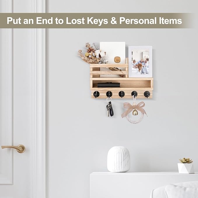 Lucundm Key and Mail Holder Wall Mount, Key Hanger with Long Storage Box and Key Hooks for Coat, Dog Leash, Home Decor Rack, House Accessories, Entry Way Organizer