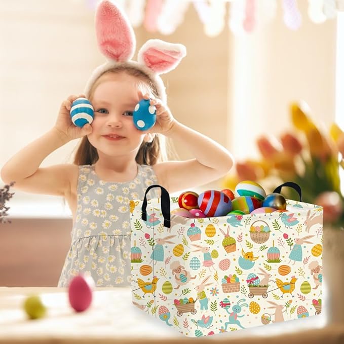 FXOCSHE Rectangular Cute Easter basket,Easter basket empty,Storage Basket for baby Bedroom,Toy Gift Organizerm,Kids Storage Bin,Gift baskets,Easters Home Decor(Cute Easter eggs)