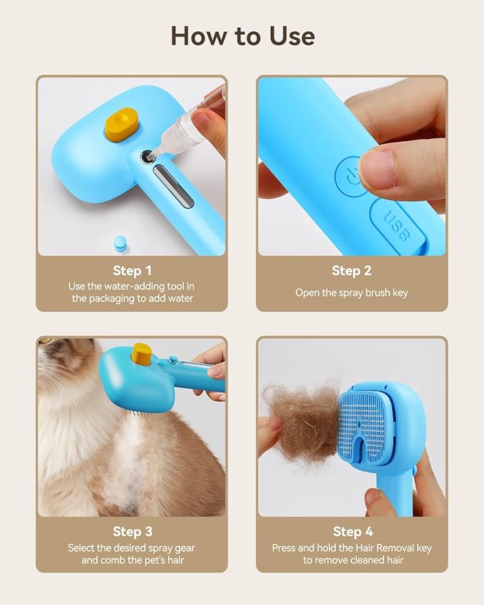 ROJECO 3-in-1 Pet Steam Brush for Cats&Dogs - Detangling Comb with Adjustable Mist, Handheld Deshedding Grooming Tool for Long/Short Hair, Massage Brush & Shedding Control Gift,Cordless (Blue)