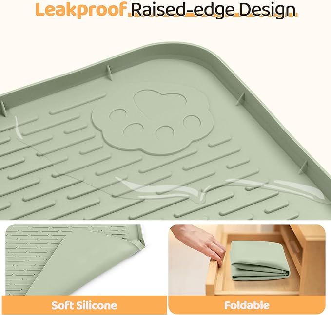 Bartuke Dog Food Mat, Extra Large 34" x 22" Silicone Pet Feeding Mat with Raised Edge Pet Placemat for Small, Medium, and Large Pets Non-Slip, Easy to Clean (Light Green)