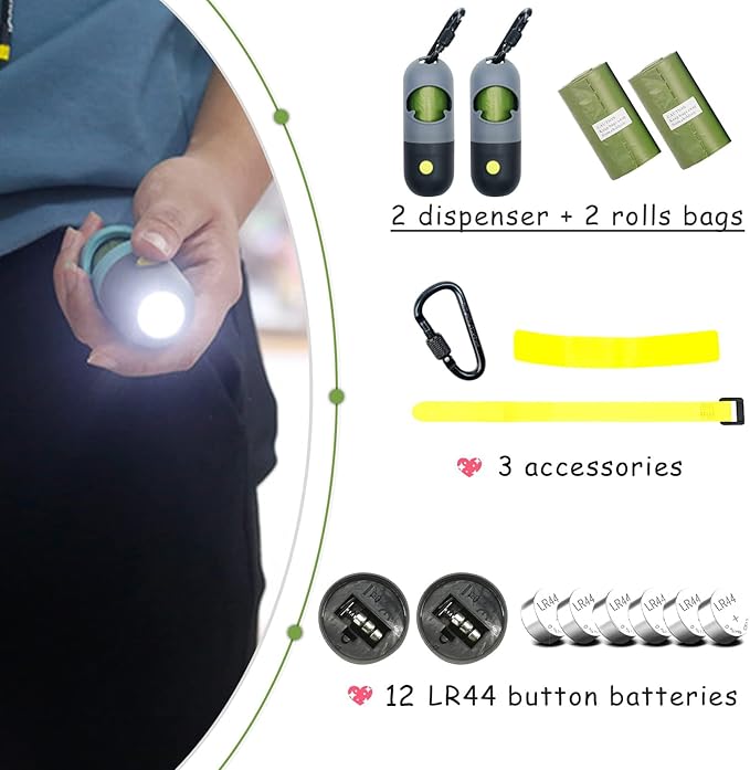 Morn Light 2 Pack Poop Bag Holder with Flashlight Waste Bag Dispenser for Leash with Clip and Battery Poop Bag Dispenser with Green Scented Poop Bags for Dog Walking(Black,2 Dispenser 60 Bags)
