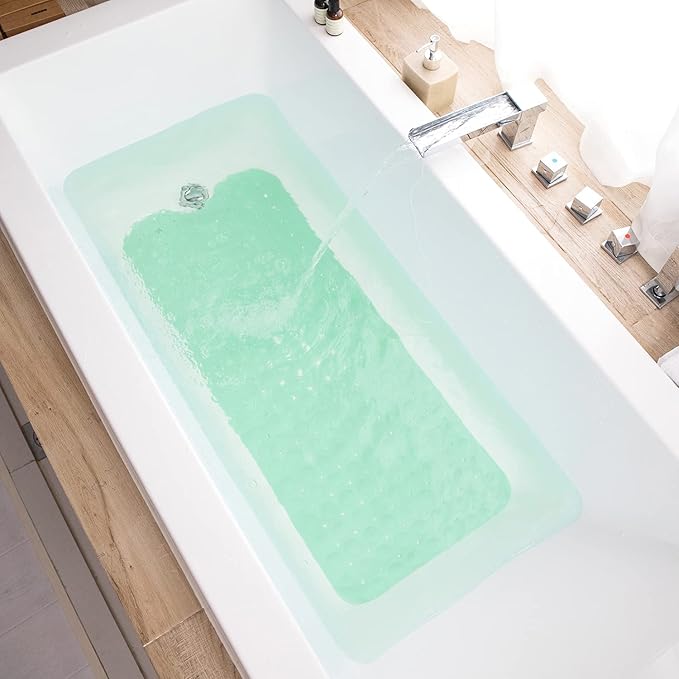 Bath Tub and Shower Mats, Non-Slip 39 x 16 Inch Extra Long Bathtub Mat, Machine Washable BathMat with Drain Holes, Suction Cups for Bathroom (Opaque Pale Green)