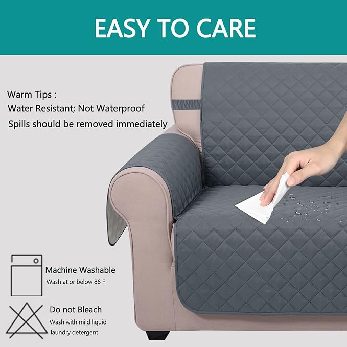 U-NICE HOME Recliner Chair Covers Reversible Quilted Water Repellent Pet Protectors with Elastic Straps (23''Recliner Small, Dark Blue/Light Grey)