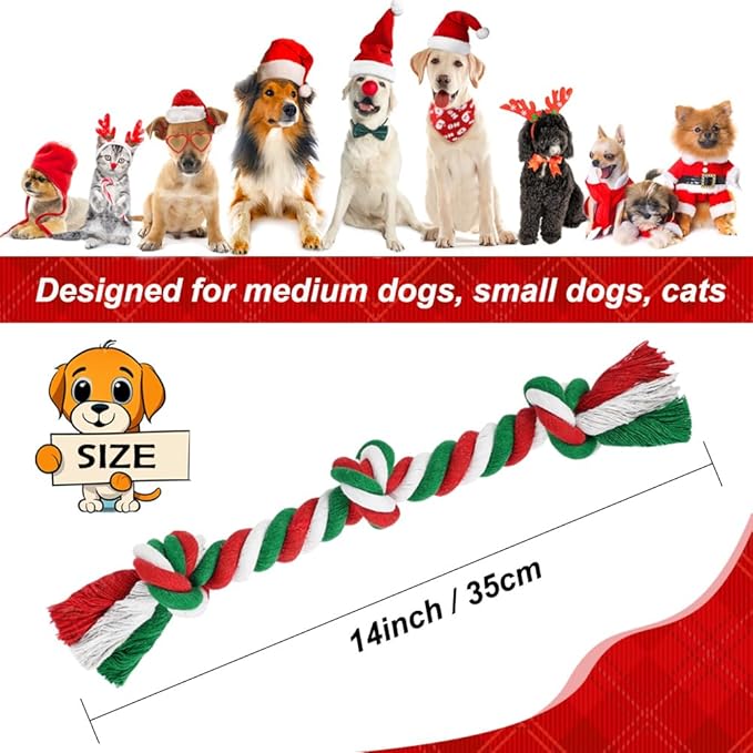 SZEE Dog Rope Toy, 14 in 3 Knots Christmas Dog Chew Toys for Medium and Small Dogs, Natural Cotton Pull Toy for Tug of War and Teeth Cleaning (Red & Green)