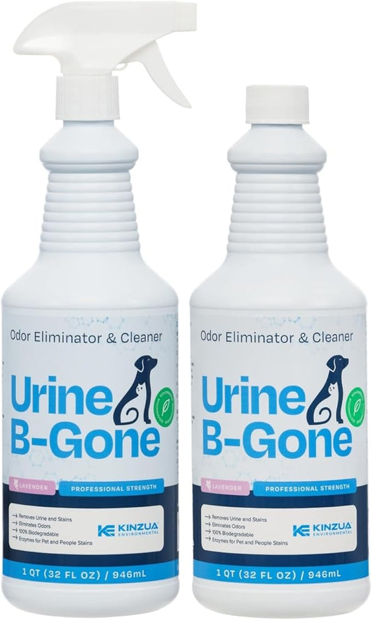 KINZUA ENVIRONMENTAL Urine B-Gone, Professional Enzyme Odor Eliminator & Pet Stain Remover, Human, Cat & Dog Urine Cleaner, Effective on Laundry, Carpets & More, Lavender Scent, 32oz, Pack of Two