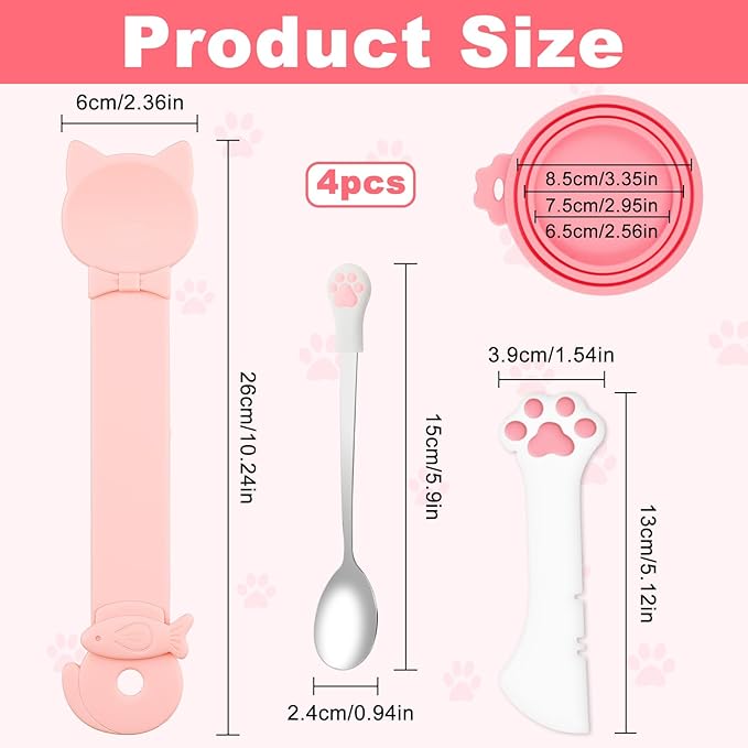 4 Pcs Cat Food Lid and Spoon Set, Silicone Pet Food Can Covers with Multi-Function Spoon Opener, Stainless Steel Wet Food Spoon & Cat Bar Squeezer for Pet Cat Dog Feeding Wet Foods Storage Organizer