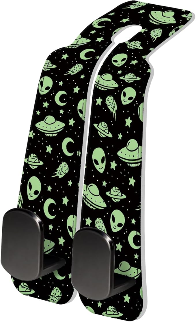 PU Leather Car Seat Hook, Storage Headrest Hanger, Cute Car Backseat Organizer, Car Hooks For Purses and Bags Green Alien Pattern