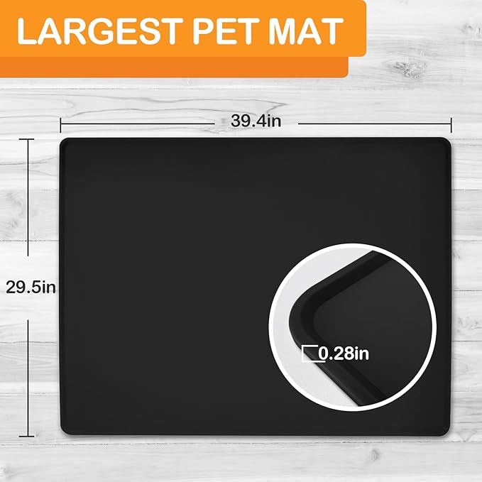 Dog Water Mat 39.4×29.5in - Silicone Dog Mat for Food and Water Extra Large - Pet Food Mat for Floors Waterproof - Pet Feeding Mat Prevent Water Food Spills - Black