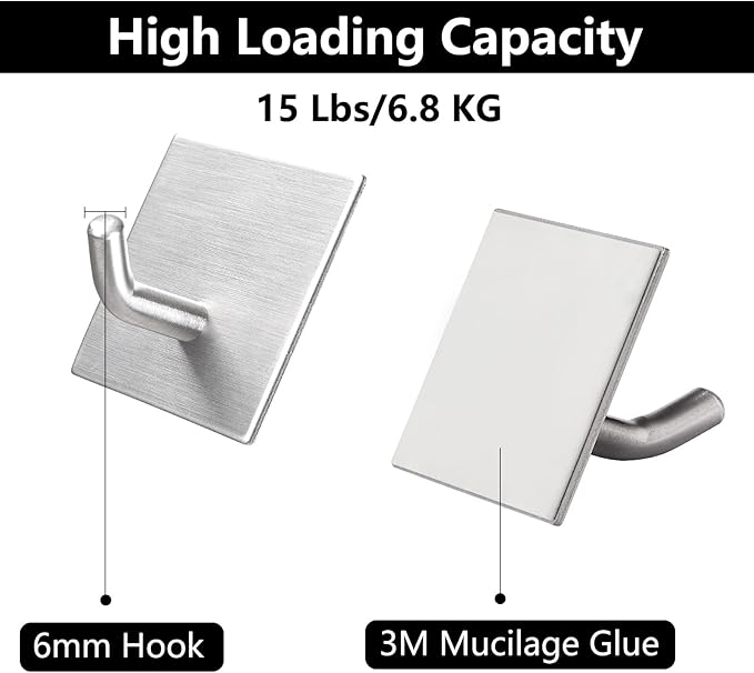 Heavy Duty Adhesive Hooks, Stick on Wall Adhesive Hangers, Strong Stainless Steel Holder, Self Adhesive Hooks for Kitchen Bathroom Home Door Towel Coat Key Robe 6 Packs Silver