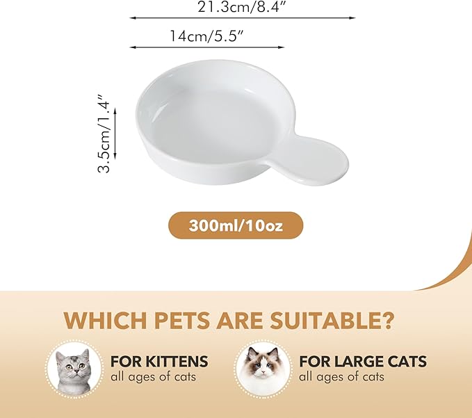 Ceramic Wide Whisker Friendly Cat Dishes, Set of 3 Ceramic Cat Bowls with Handle, Anti-Slip Indoor Kitten Feeding Food& Water Dish to Prevent Whisker Fatigue(3 Pcs, White)