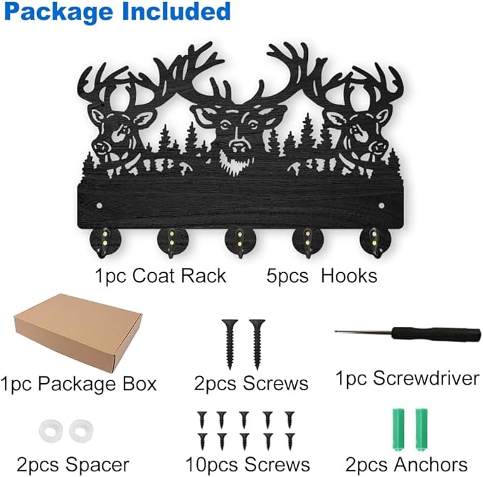 MAYJOYDIY Wood Deer Coat Rack Wall Mount Forest Animal Key Holder for Wall - Elk & Reindeer Wall Hooks - 5 Alloy Hooks for Gift, Entryway, Living Room, Farmhouse, Cabin