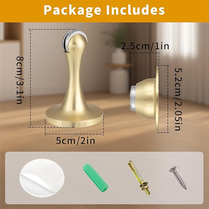 Bak Bo 3 Pack Magnetic Door Stopper, Strong Magnetic Door Holder Keep Door Open, Zinc Alloy Door Catch for Wall & Floor Mounting, No Drilling Door Stop with Adhesive Brushed Gold