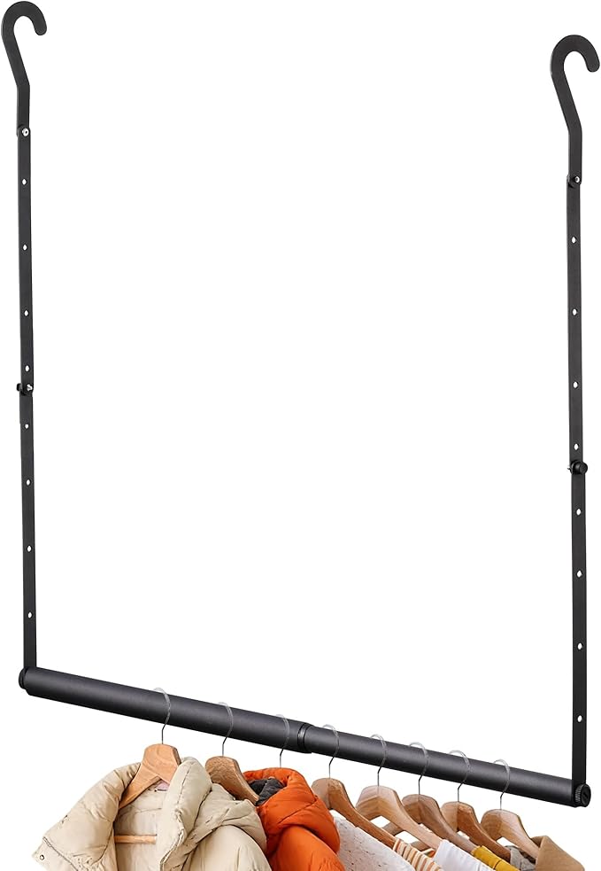 Stepless Extender Closet Hanging Rod - Heavy Duty Closet Rods for Hanging Clothes, Adjustable Width & Height, Space-Saving Matte Black Closet Organizer for Hanging & Drying, Easy to Install
