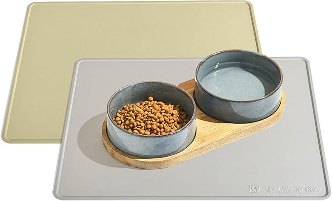 Dog Water Mat 2-Pack 20×16in - Silicone Dog Mats for Food and Water, Non-Slip Pet Feeding Mat for Floors, Waterproof Cat Bowl Mats to Prevent Spills - Silver Gray & Cream