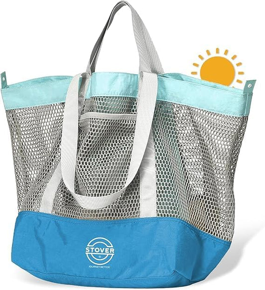 STOVER Large Mesh Beach Bag, Vacation, Pool, Shopping, & Travel Tote - Foldable w/Storage Pockets for Women, Men & Families