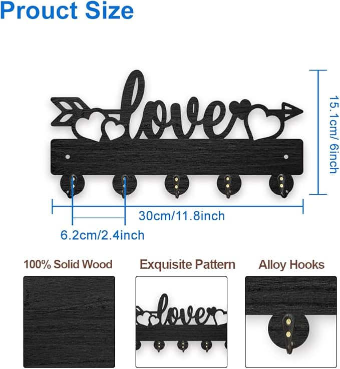 MAYJOYDIY Wood Love Heart Coat Hooks Wall Mount Love Arrow Key Holder for Wall 11.8×6inch Black Wall Art Decor Key Hooks 5 Alloy Hooks for Gift Entryway Living Room Kitchen Office