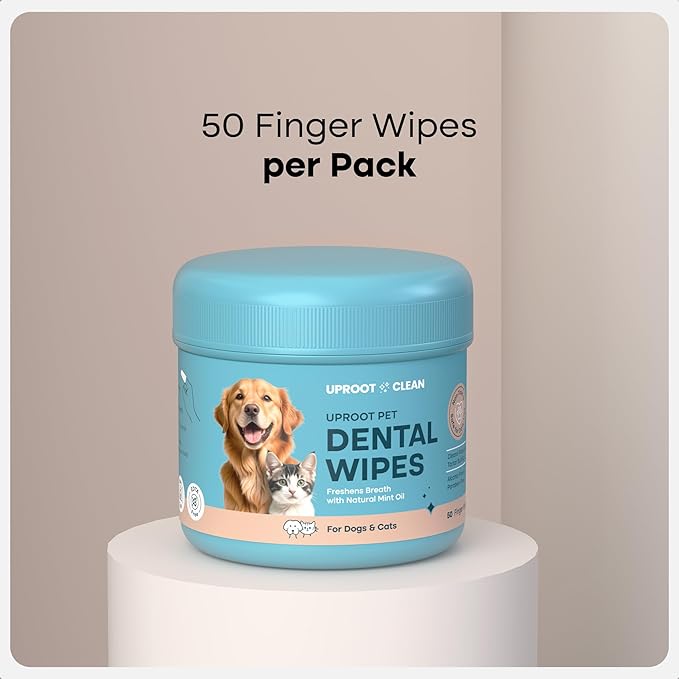 Uproot Clean Pet Dental Finger Wipes for Dogs & Cats (50ct.): Easy & Effective Cat and Dog Teeth Cleaning Wipes - Dog Dental Tissues for Plaque, Tartar, & Bad Breath - Safe, Rinse-Free, Disposable