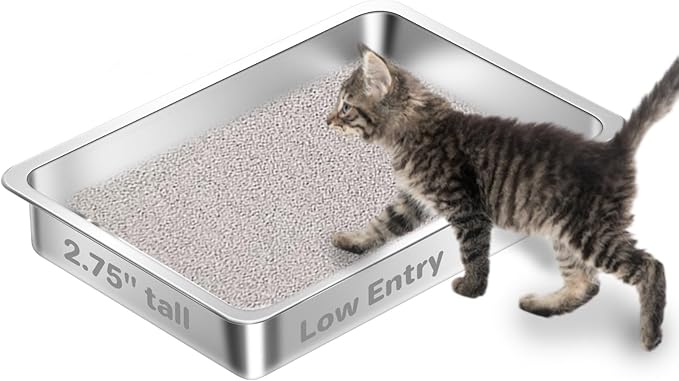 Low Entry Stainless Steel Cat Litter Box for Kittens, Metal Shallow Kitty Litter Box, Easy Access Kitty Litter Pan Tray,Pet Bathroom Accessories-15.75''Lx 11.81'' W x2.76'' H