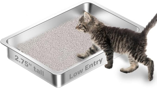 Low Entry Stainless Steel Cat Litter Box for Kittens, Metal Shallow Kitty Litter Box, Easy Access Kitty Litter Pan Tray,Pet Bathroom Accessories-15.75''Lx 11.81'' W x2.76'' H