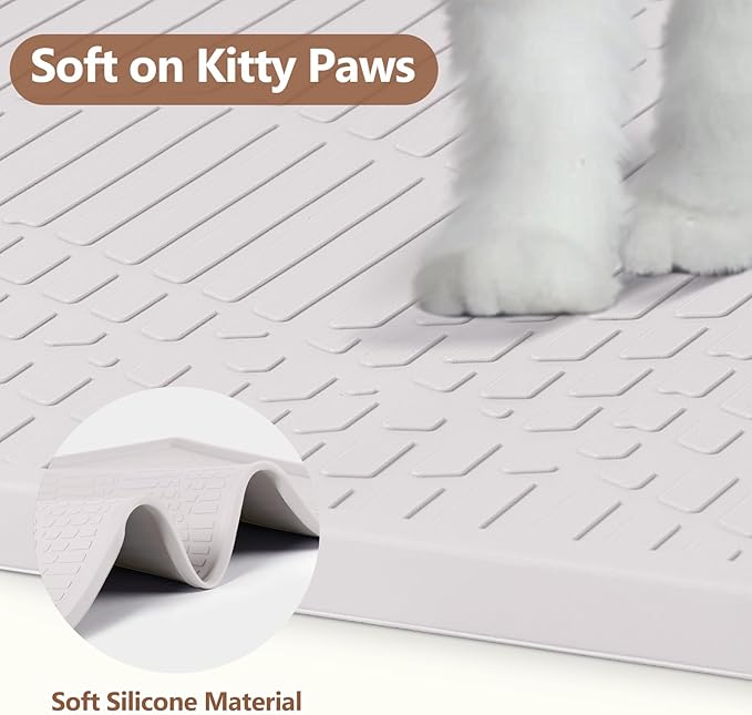 Bartuke Large Cat Litter Mat with Toy Ball, 38'' x 25'' Silicone Cat Litter Trapping Mat for Scatter Control, Soft on Kitty Paws, Easy to Clean (White)