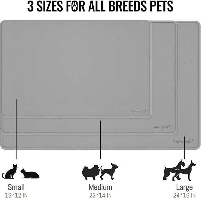 MateeyLife Dog & Cat Food Water Mat for Floors Waterproof, Nonslip Pets Bowl Feeding Mats with Raised Edges, Silicone Matt Tray for Messy Drinkers, 24"x16", Grey
