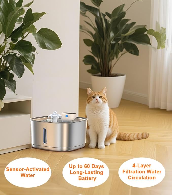 Wireless Cat Water Fountain Stainless Steel, 108oz/3.2L Cat Fountain Battery Operated, Cordless Pet Water Fountain for Cats & Dogs with Motion Sensor, Ultra Quiet Pump, Multi-Filtration