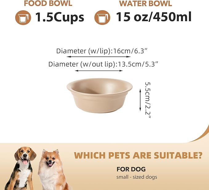 Ceramic 6.3inch Set of 2 Dog Bowls, 2pcs Basic 1.5 Cup Food or 15 oz Water Dishes for Small Dogs, Wide Opening Rounded Edge (2 Bowls, Oat Beige)