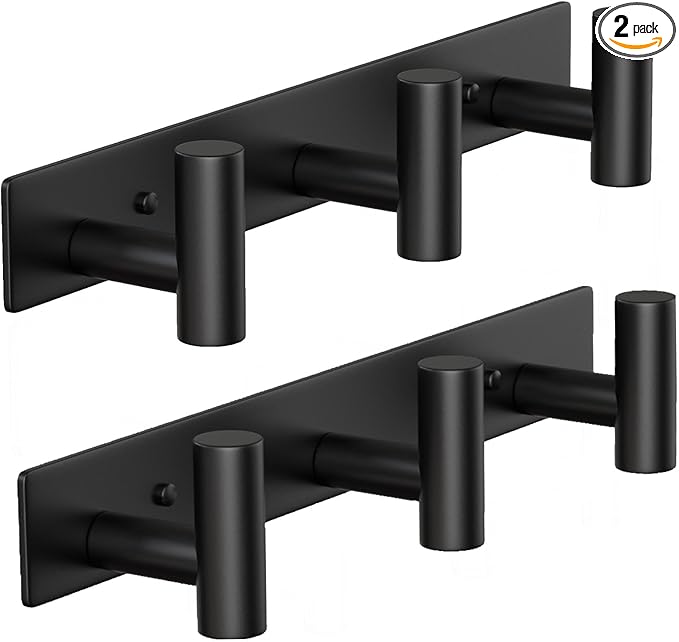 VINHOLD Coat Rack Wall Mounted-3 Hooks,Heavy Duty Stainless Steel Wall Hooks for Towel Coat Bag, Hat Rack Coat Hanger Coat Hooks Towel Racks for Bathroom Entryway Kitchen Hotel Office (Black, 2 Packs)